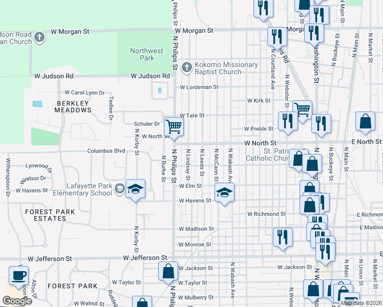 map of restaurants, bars, coffee shops, grocery stores, and more near 1207 North Leeds Street in Kokomo