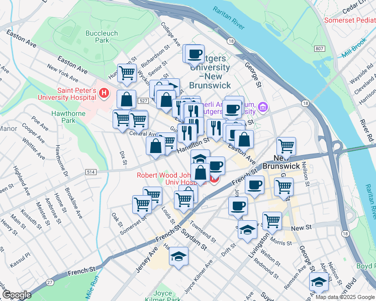 map of restaurants, bars, coffee shops, grocery stores, and more near 48 Division Street in New Brunswick