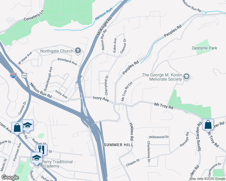 map of restaurants, bars, coffee shops, grocery stores, and more near 4257 Evergreen Road in Pittsburgh