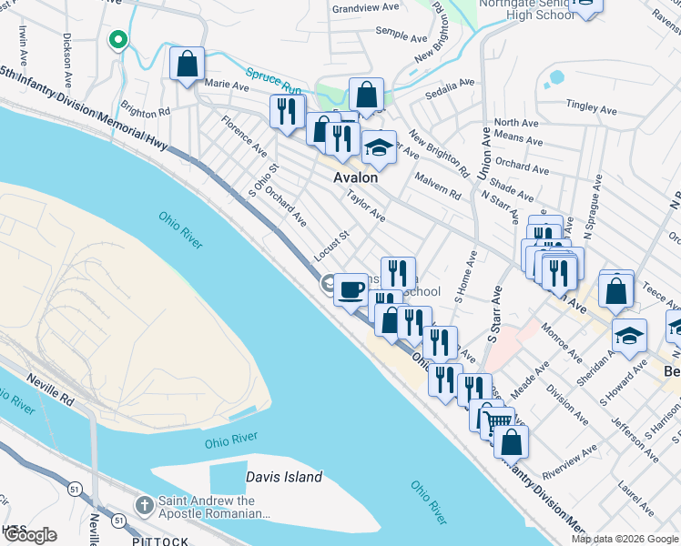 map of restaurants, bars, coffee shops, grocery stores, and more near 811 Peach Alley in Avalon