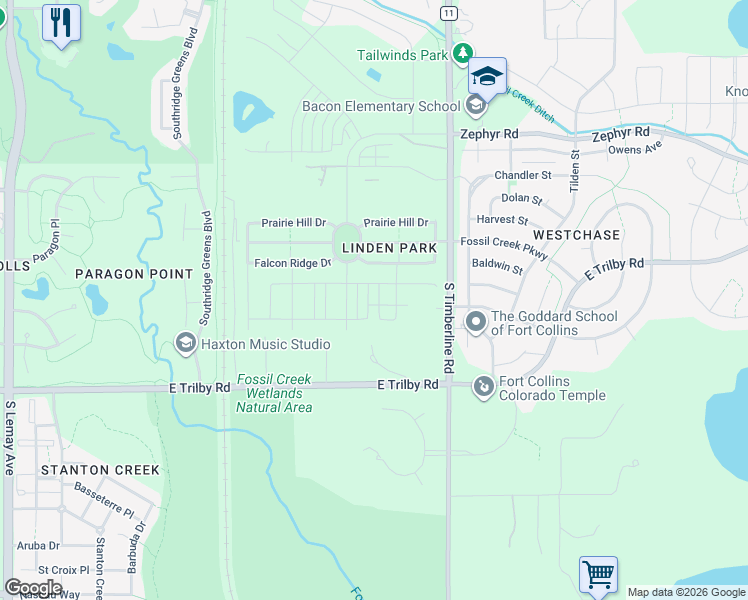 map of restaurants, bars, coffee shops, grocery stores, and more near 6417 Timberline Lane in Fort Collins