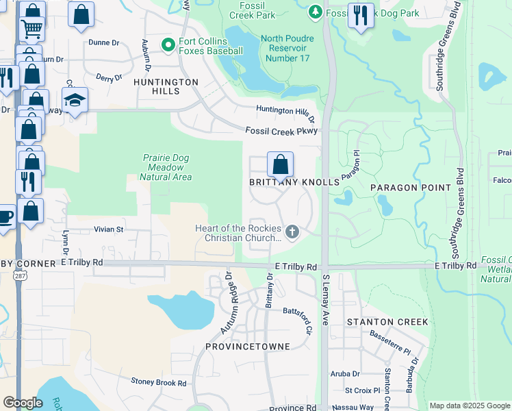 map of restaurants, bars, coffee shops, grocery stores, and more near 802 Courtenay Circle in Fort Collins