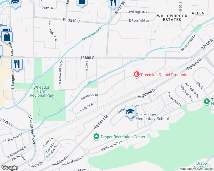 map of restaurants, bars, coffee shops, grocery stores, and more near 721 Southfork Drive in Draper