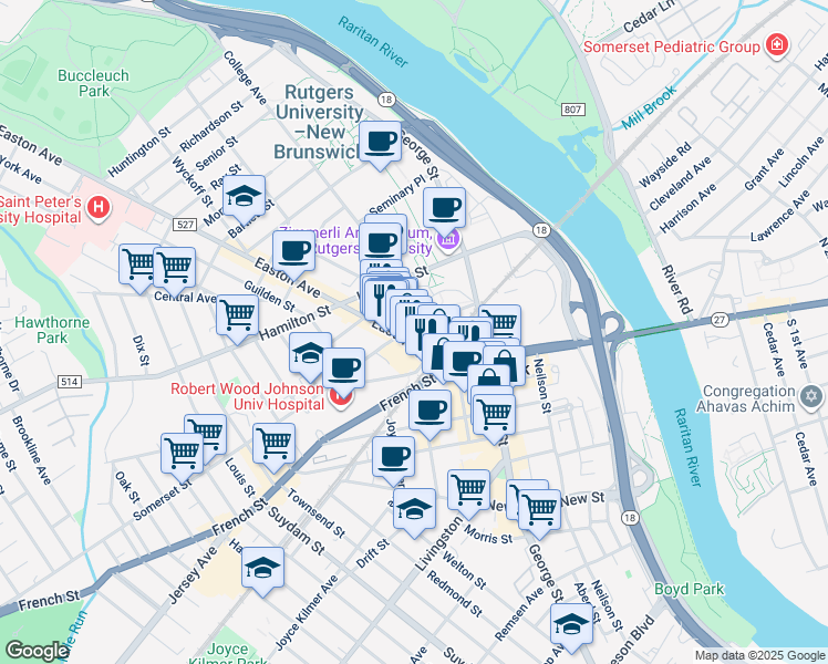 map of restaurants, bars, coffee shops, grocery stores, and more near in New Brunswick