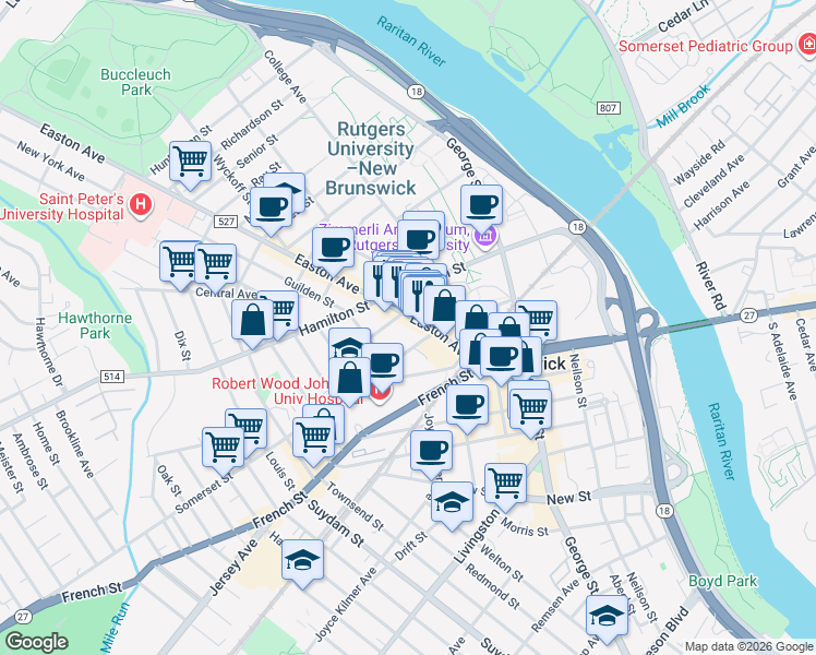 map of restaurants, bars, coffee shops, grocery stores, and more near 145 Somerset Street in New Brunswick