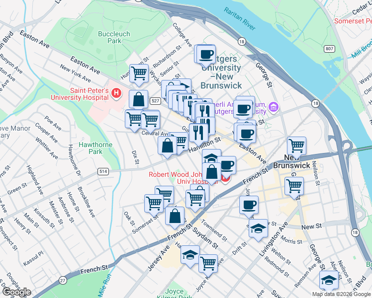 map of restaurants, bars, coffee shops, grocery stores, and more near 206 Hamilton Street in New Brunswick