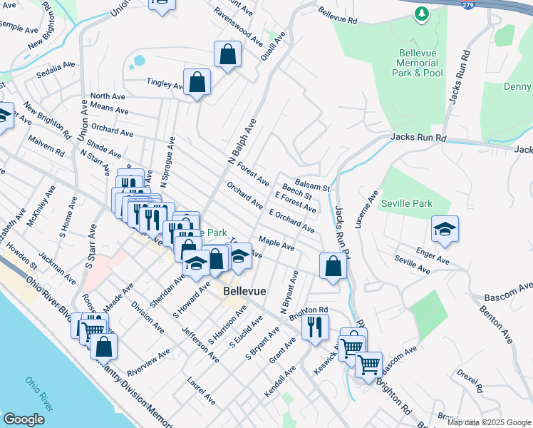 map of restaurants, bars, coffee shops, grocery stores, and more near 104 North Fremont Avenue in Pittsburgh