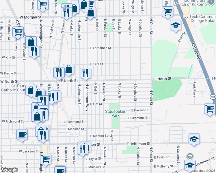 map of restaurants, bars, coffee shops, grocery stores, and more near 710 East Dixon Street in Kokomo