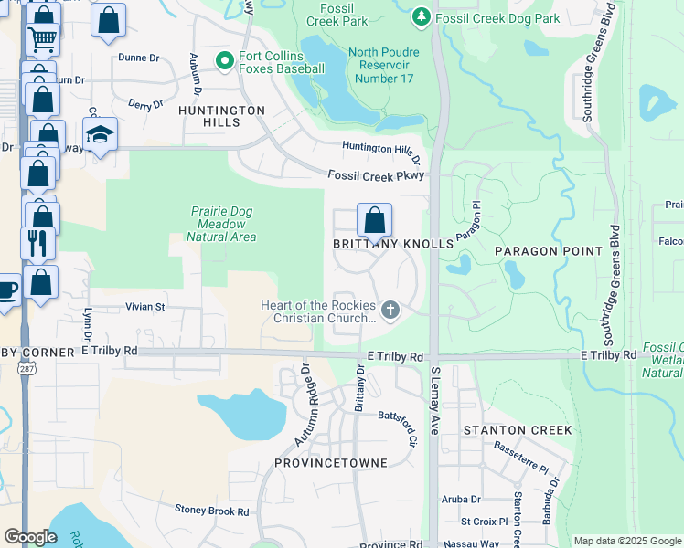 map of restaurants, bars, coffee shops, grocery stores, and more near 802 Courtenay Circle in Fort Collins