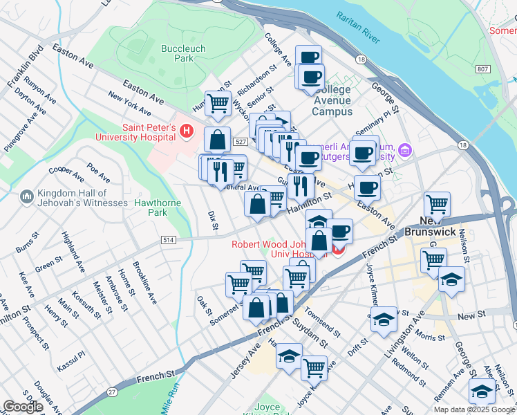 map of restaurants, bars, coffee shops, grocery stores, and more near 16 Hartwell Street in New Brunswick