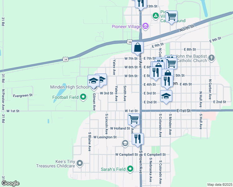 map of restaurants, bars, coffee shops, grocery stores, and more near 298 Yates Avenue in Minden