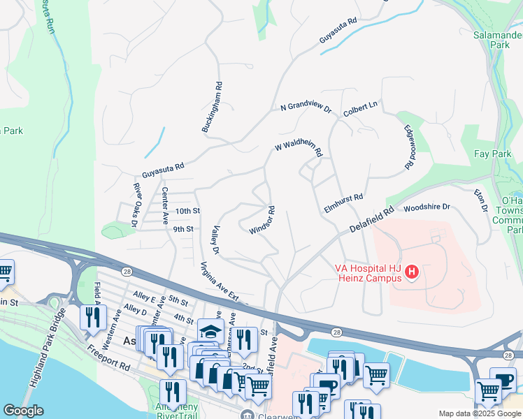 map of restaurants, bars, coffee shops, grocery stores, and more near 40 Windsor Road in Pittsburgh