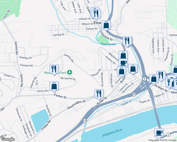 map of restaurants, bars, coffee shops, grocery stores, and more near 22 Mildred Street in Etna
