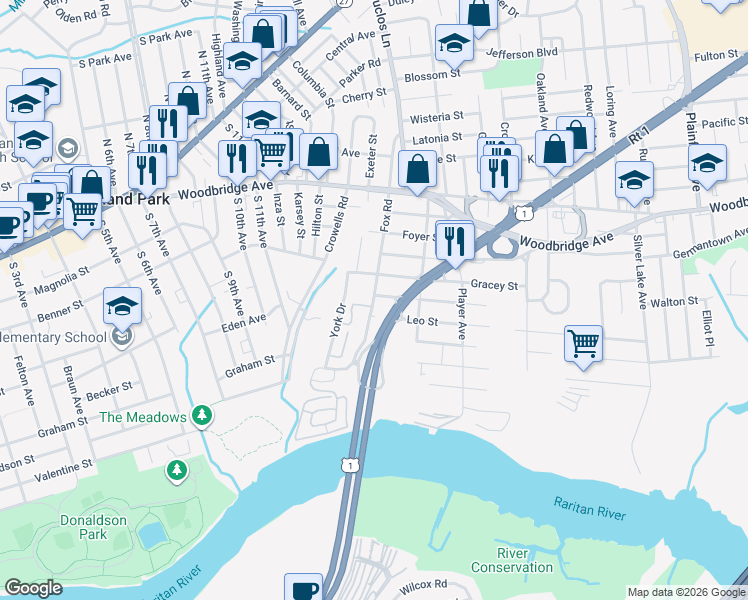 map of restaurants, bars, coffee shops, grocery stores, and more near 101 U.S. 1 in Edison