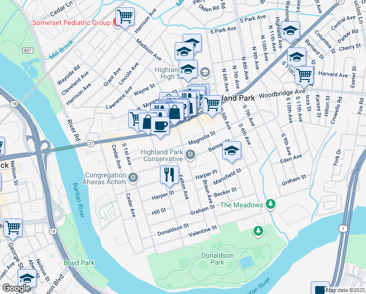 map of restaurants, bars, coffee shops, grocery stores, and more near 115 South 3rd Avenue in Highland Park