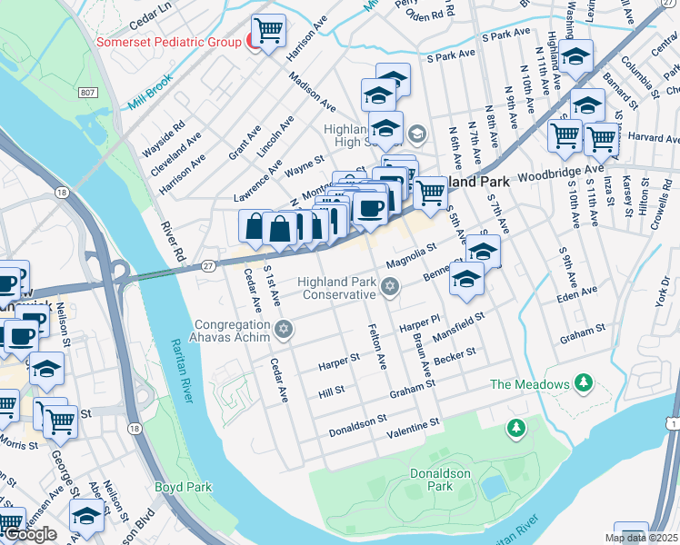 map of restaurants, bars, coffee shops, grocery stores, and more near 225 Benner Street in Highland Park