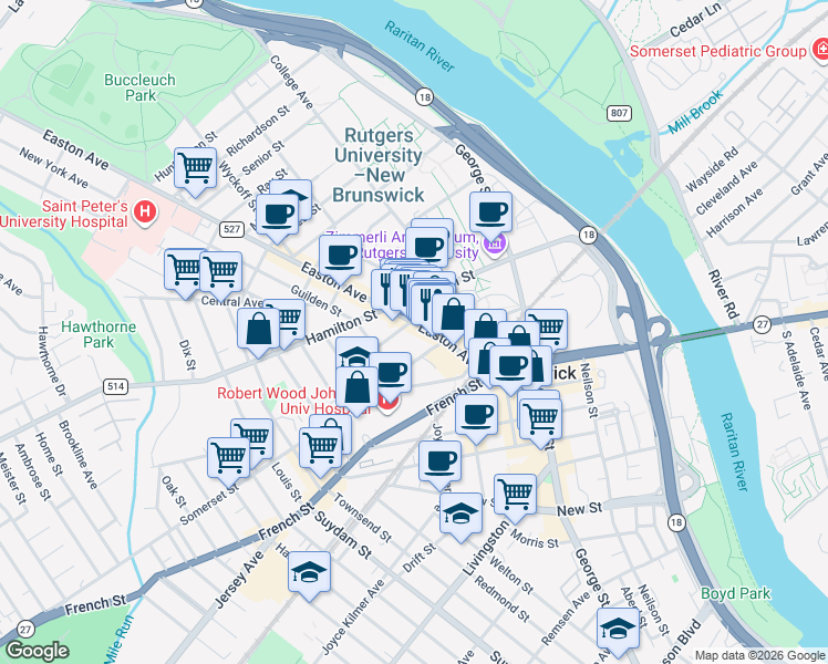 map of restaurants, bars, coffee shops, grocery stores, and more near 145 Somerset Street in New Brunswick