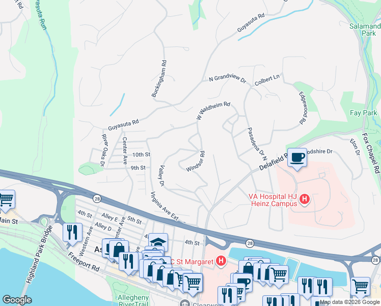 map of restaurants, bars, coffee shops, grocery stores, and more near 16 Windsor Road in Pittsburgh