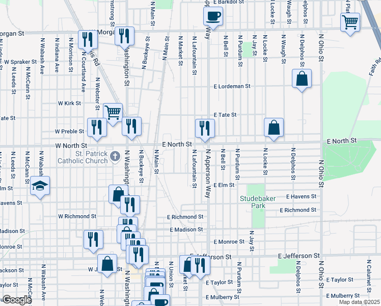 map of restaurants, bars, coffee shops, grocery stores, and more near 1215 North Lafountain Street in Kokomo