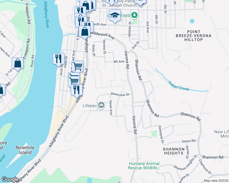 map of restaurants, bars, coffee shops, grocery stores, and more near 1426 Riverview Drive in Verona