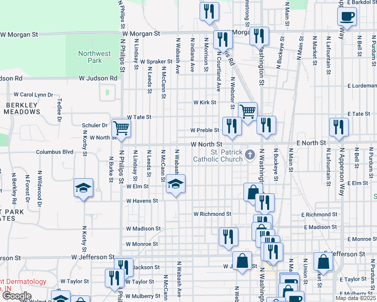 map of restaurants, bars, coffee shops, grocery stores, and more near 1210 North Wabash Street in Kokomo