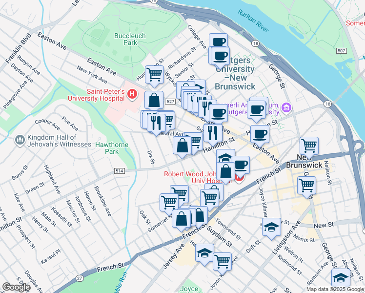 map of restaurants, bars, coffee shops, grocery stores, and more near 20 Hartwell Street in New Brunswick