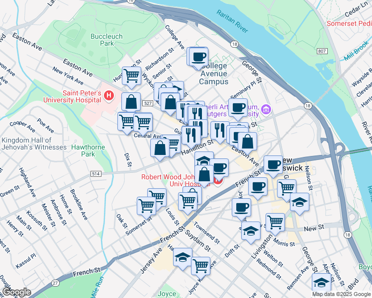 map of restaurants, bars, coffee shops, grocery stores, and more near 179 Hamilton Street in New Brunswick