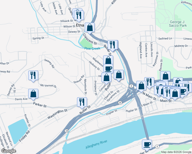 map of restaurants, bars, coffee shops, grocery stores, and more near 45 High Street in Etna