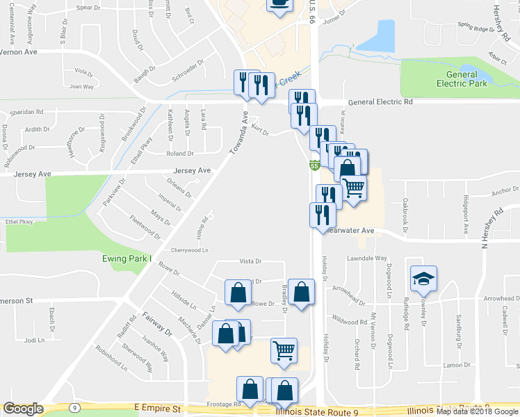 map of restaurants, bars, coffee shops, grocery stores, and more near 1701 Towanda Avenue in Bloomington