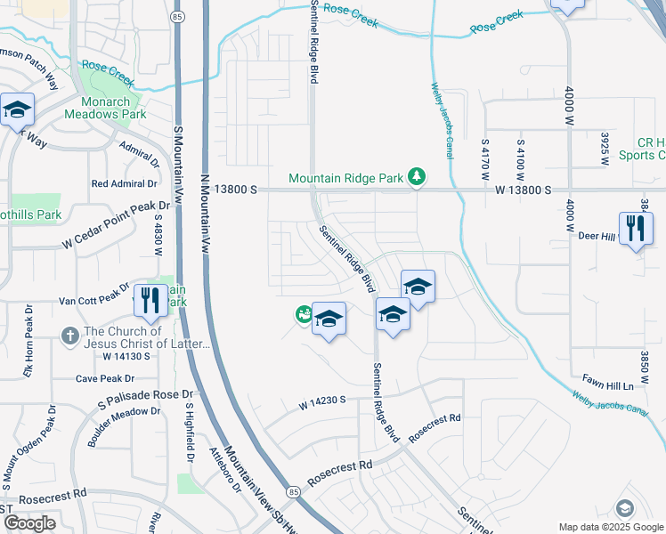 map of restaurants, bars, coffee shops, grocery stores, and more near 13963 South Wide Ridge Way in Herriman