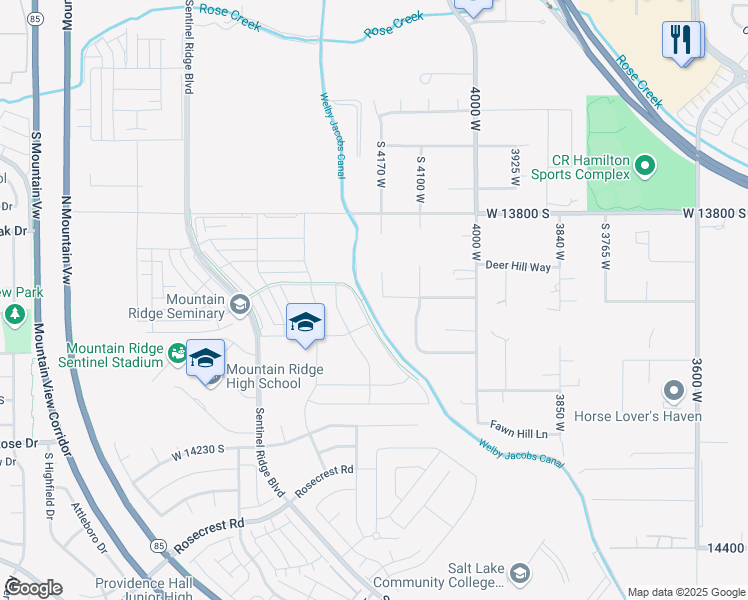 map of restaurants, bars, coffee shops, grocery stores, and more near 13940 South Redberry Fox Cove in Bluffdale