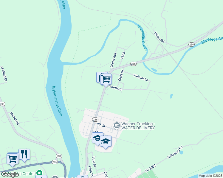 map of restaurants, bars, coffee shops, grocery stores, and more near 114 4th Street in Saltsburg