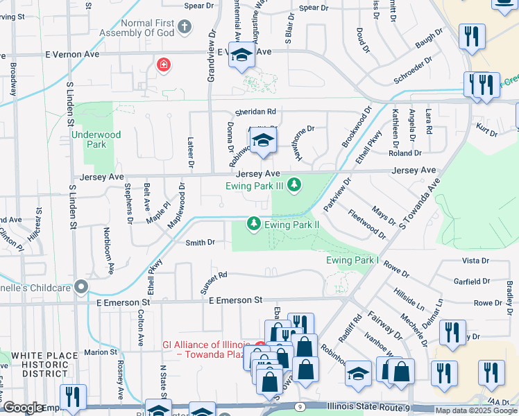 map of restaurants, bars, coffee shops, grocery stores, and more near 217 Eisenhower Drive in Bloomington