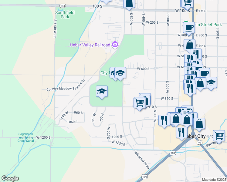 map of restaurants, bars, coffee shops, grocery stores, and more near 800 School House Way in Heber City