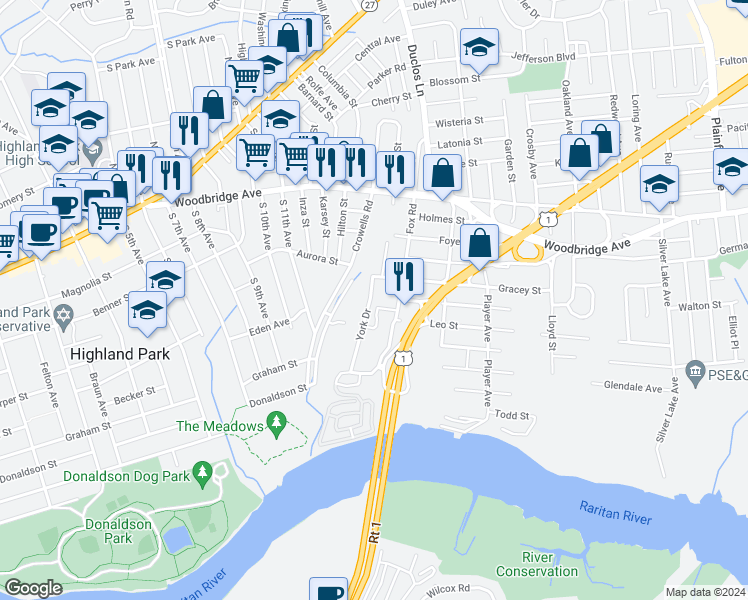 map of restaurants, bars, coffee shops, grocery stores, and more near 21 York Drive in Edison