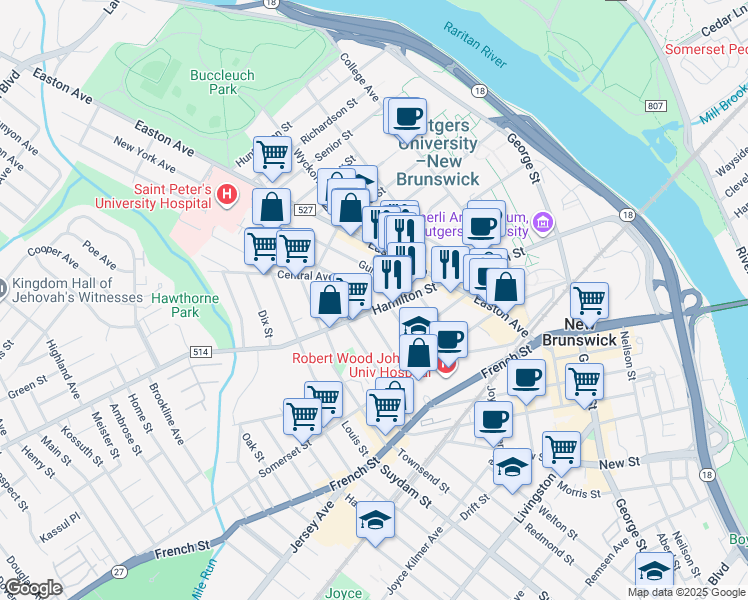 map of restaurants, bars, coffee shops, grocery stores, and more near 48 Division Street in New Brunswick