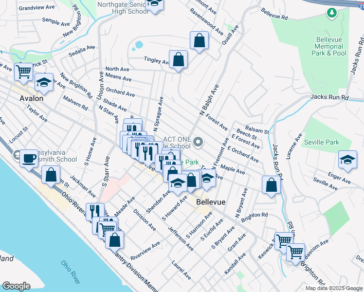 map of restaurants, bars, coffee shops, grocery stores, and more near 51 North Balph Avenue in Pittsburgh