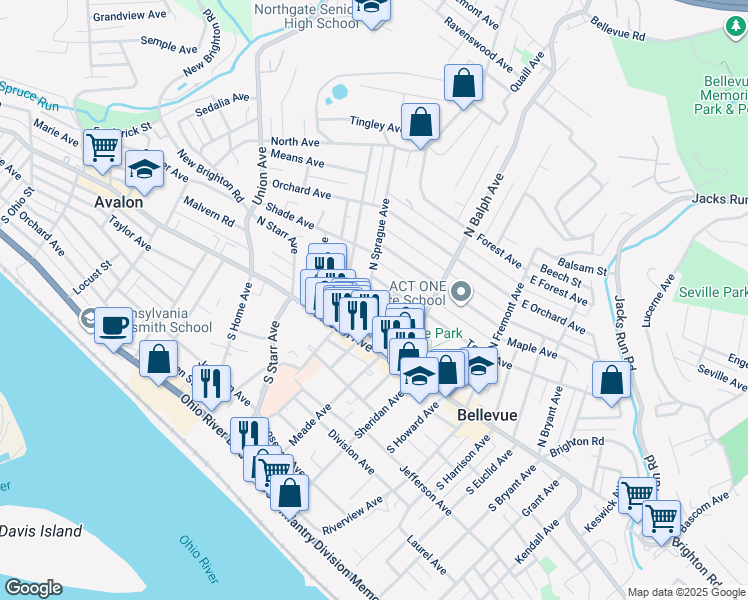 map of restaurants, bars, coffee shops, grocery stores, and more near 537 Bayne Avenue in Pittsburgh