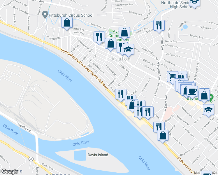 map of restaurants, bars, coffee shops, grocery stores, and more near 734 Ohio River Boulevard in Pittsburgh