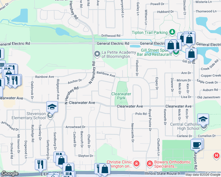 map of restaurants, bars, coffee shops, grocery stores, and more near 1410 Mill Creek Road in Bloomington
