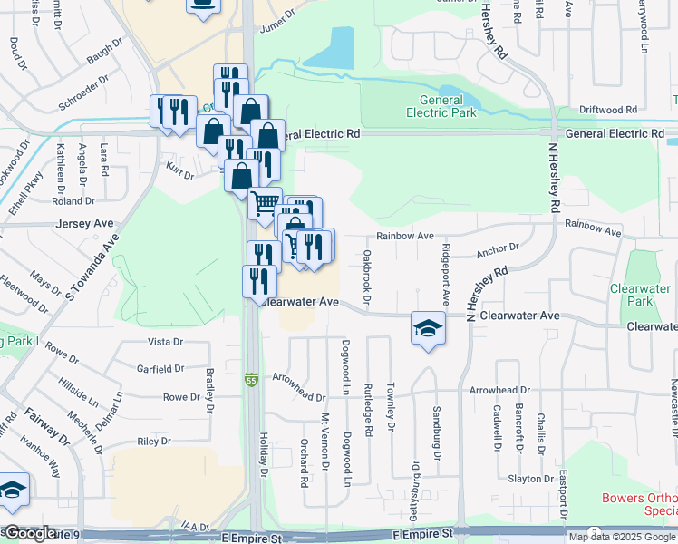map of restaurants, bars, coffee shops, grocery stores, and more near 1402 Oakbrook in Normal