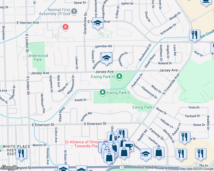 map of restaurants, bars, coffee shops, grocery stores, and more near 899 Ethel Parkway in Normal