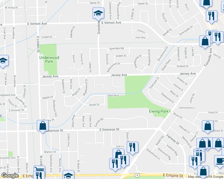 map of restaurants, bars, coffee shops, grocery stores, and more near 1001 Ethel Parkway in Bloomington