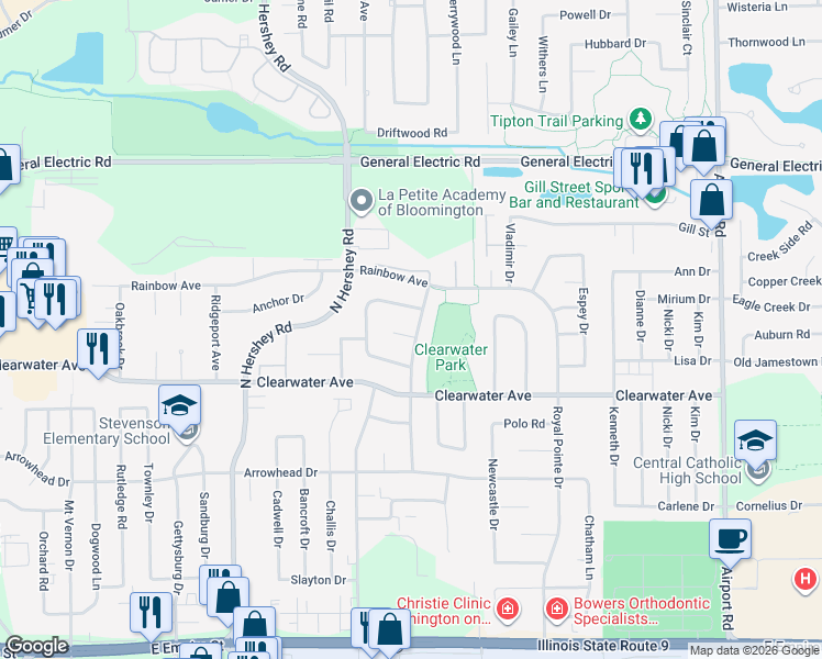 map of restaurants, bars, coffee shops, grocery stores, and more near 1410 Mill Creek Road in Bloomington