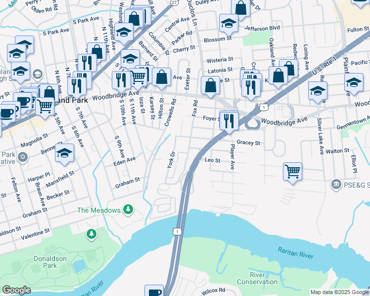 map of restaurants, bars, coffee shops, grocery stores, and more near 50 Fox Road in Edison
