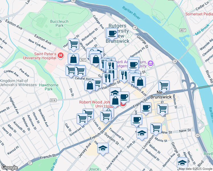 map of restaurants, bars, coffee shops, grocery stores, and more near 48 Division Street in New Brunswick