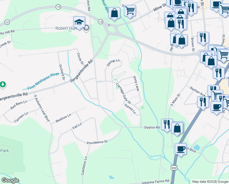 map of restaurants, bars, coffee shops, grocery stores, and more near 23 Colts Lane in Flemington