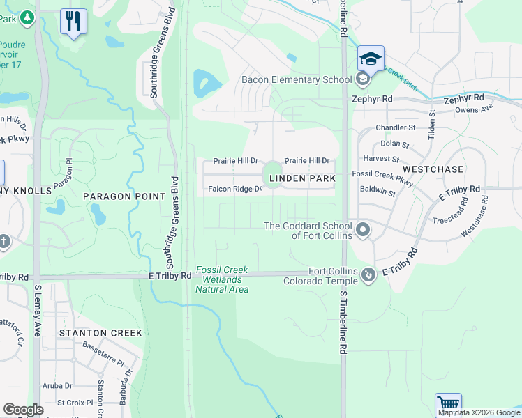 map of restaurants, bars, coffee shops, grocery stores, and more near 1803 Falcon Ridge Drive in Fort Collins