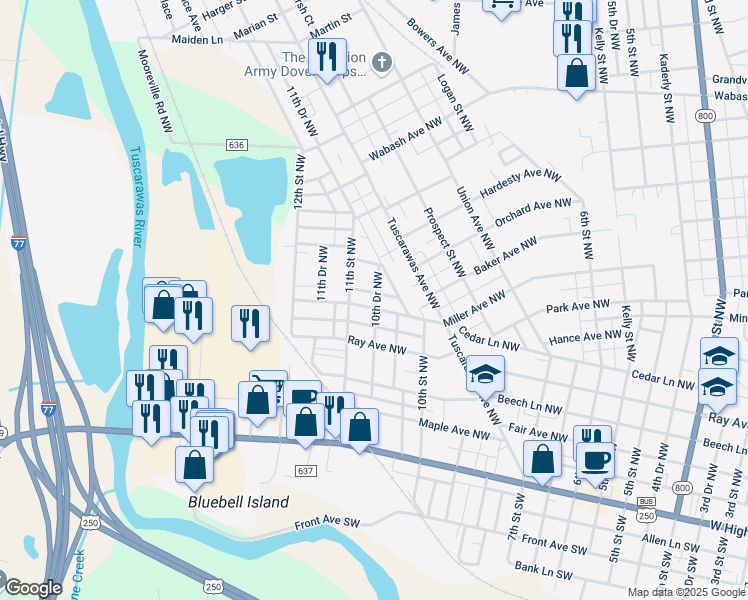 map of restaurants, bars, coffee shops, grocery stores, and more near 614 10th Drive Northwest in New Philadelphia