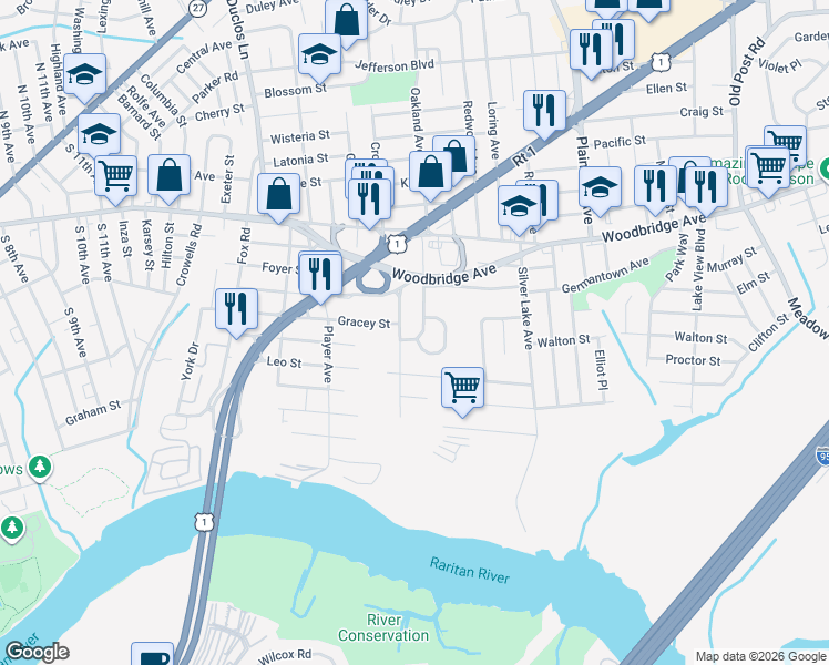 map of restaurants, bars, coffee shops, grocery stores, and more near 33 Meeker Avenue in Edison